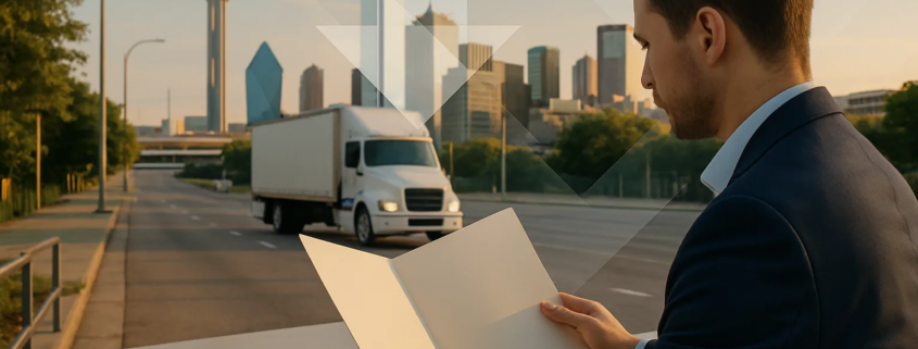Dallas truck accident medical liens represented beside an unbranded truck on a Dallas roadway