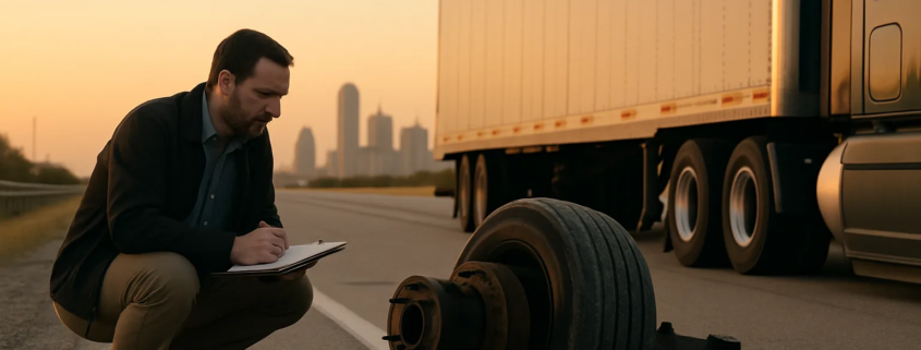 Dallas truck accident lawyer brake failure investigation beside a commercial truck