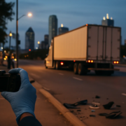 Dallas hit-and-run truck accident lawyer reviewing evidence near a commercial truck crash scene