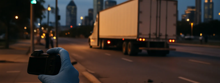 Dallas hit-and-run truck accident lawyer reviewing evidence near a commercial truck crash scene